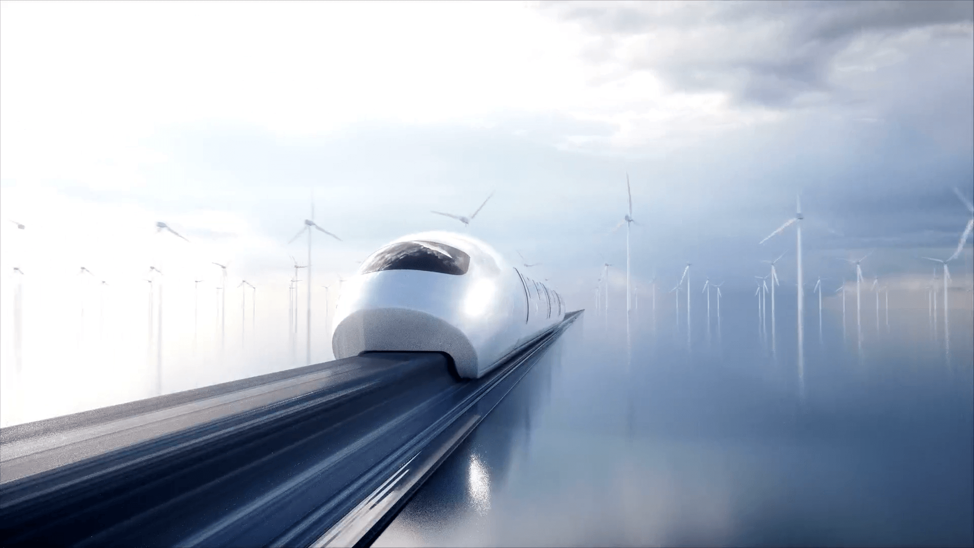 Futuristic Train Gliding Through Floating Wind Turbines